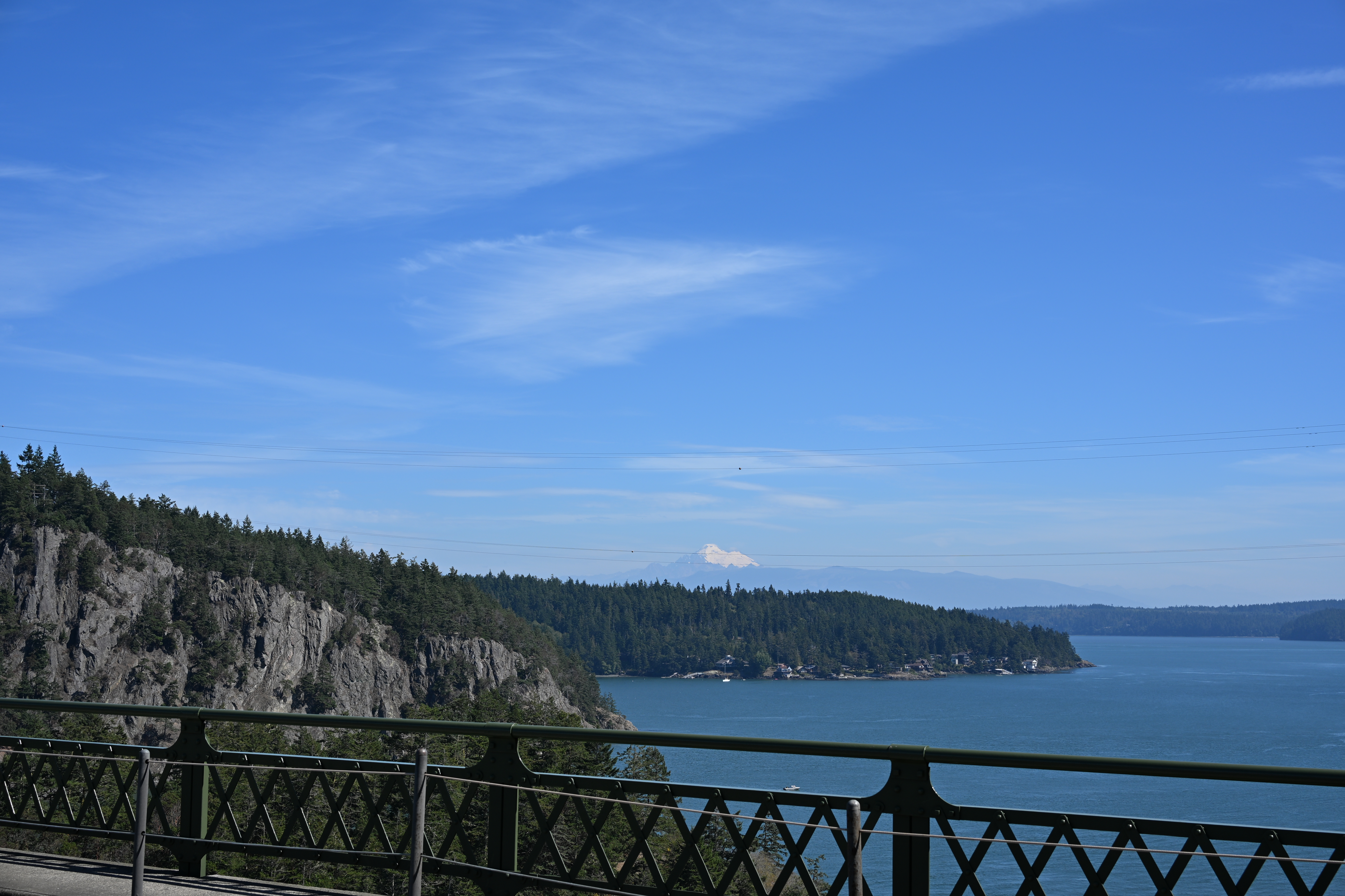 Mount Baker snow-capped peak visible from Deception Pass Bridge