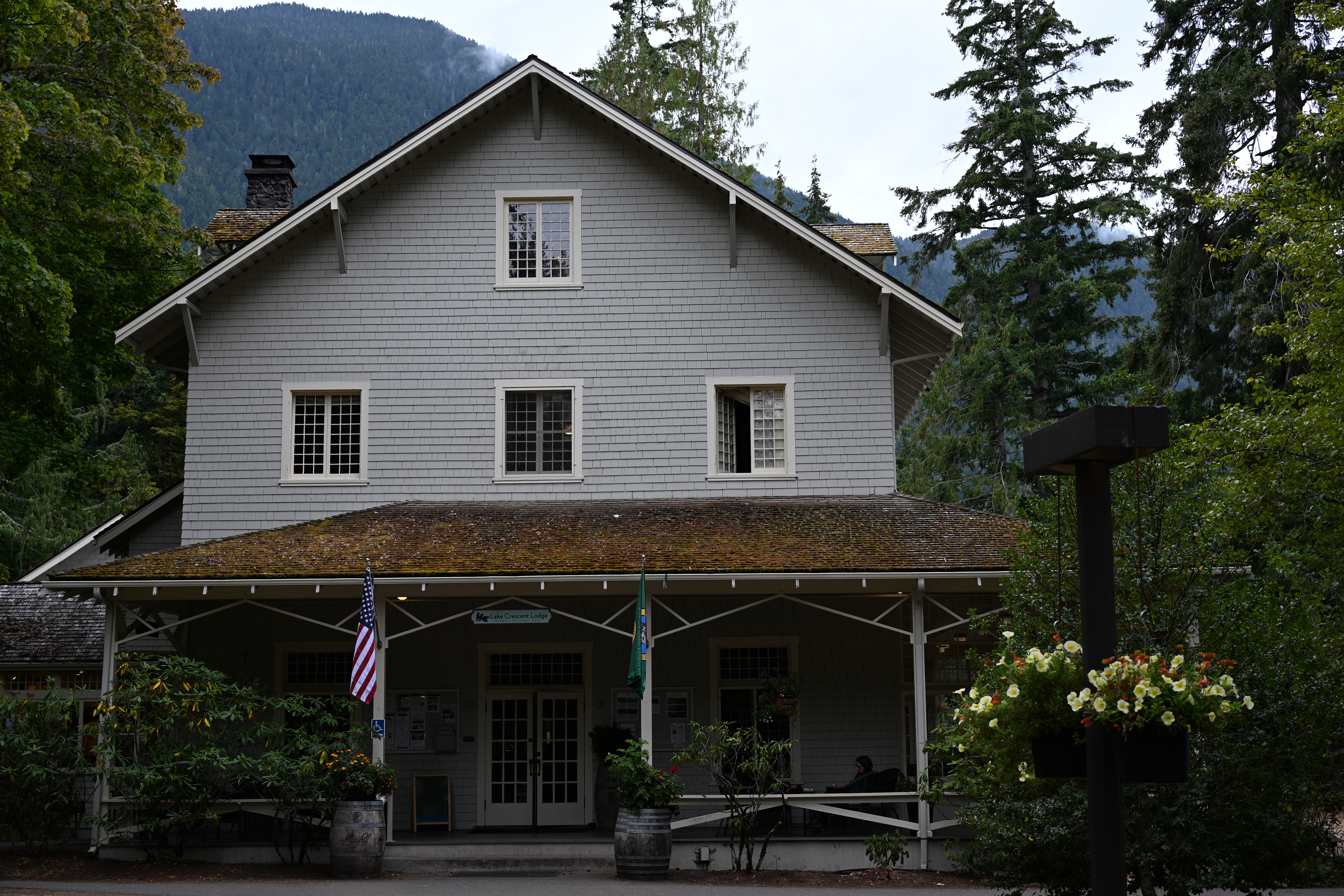 Historic Lake Crescent Lodge with mountain backdrop